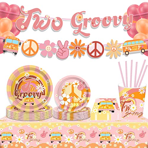 Vaisselle Papier Set,90 Pièces Rétro de Fête Groovy Party Decorations,Ensemble de Vaisselle de Fête,Kit Vaisselle Anniversaire,Décor Fête Anniversaire de Hippie,pour Décorations de Fête Sur Le Thème Cover