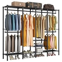 KZOBYD Clothes Rails Heavy Duty Clothing Rail, Freestanding Wardrobe Closet Rack with 4 Hanging Rods Adjustable Storage Shelves Clothing Garment Rack Coat Rails Rack with Wire Storage Shelves (Black)