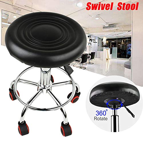 Round PU Leather Rolling Stool Chair, Height Adjustable 17.7\" to 21.6\" Shop Stool Swivel Drafting Work Tatoo SPA Salon Stools with Wheels Office Chair Black