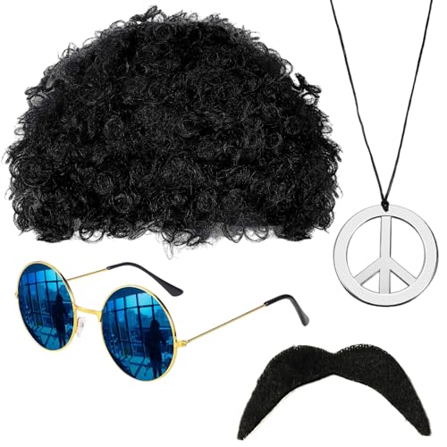 YTLSDHF 4-Piece Afro Wig 70s Fancy Dress Mens Costume Set with Sunglasses Beard and Peace Sign Necklace Hippie Outfit Creative Clothing Matching Combinations Provide Styling Options