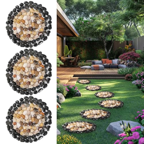 Garden Path Stepping Stone- 12 Inch Round Therapeutic Massage Stones, 3pcs Outdoor Decorative Stone Mats for Yard Pathway, Non-Slip Acupressure Flooring (Eco-Friendly, Polished River Rock)