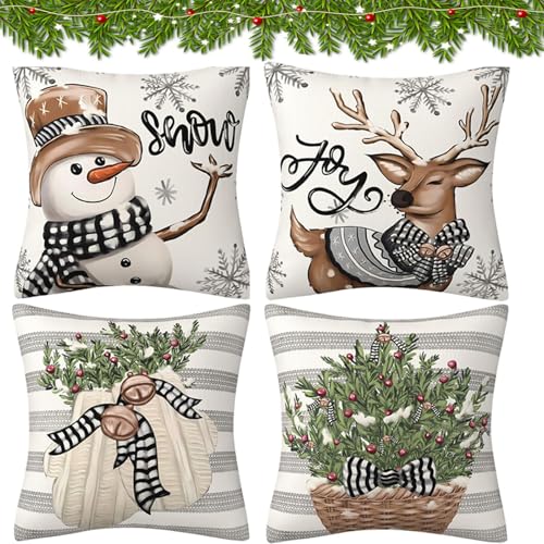 Ajuanbazha 4 Piezas Fundas Cojines Navidad, 45x45cm Almohada Decorativa de Lino Funda de Almohada Navidad, Fundas de Cojines Decorativas para Sofá, Cama y Sala (A)