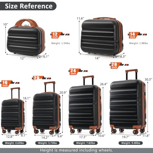 Campfun 6 Piece Luggage Sets, ABS Hardshell Suitcase Set with Double Spinner Wheels, Durable Lightweight Carry On Luggage for Travel & Business, 12/14/16/20/24/28 inch, Black2