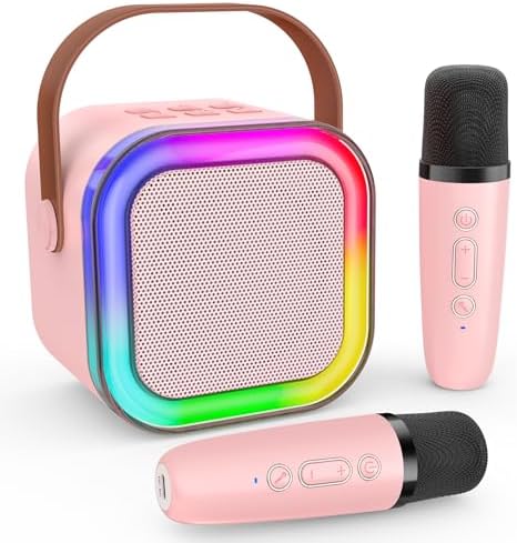 Mini Karaoke Machine for Kids, Haomuren Protable Bluetooth Speaker with 2 Wireless Microphone and LED Color Lights, Christmas Birthday Gifts Toys for Girls Boys Friends Age 3-12+ Years Old (Pink)