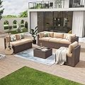 Aoxun 7 Piece Patio Furniture Set Wicker Rattan Patio Conversation Set Outdoor Sectional Sofa Set with Coffee Table and Thickened Cushions, Beige (Waterproof Cover Included)