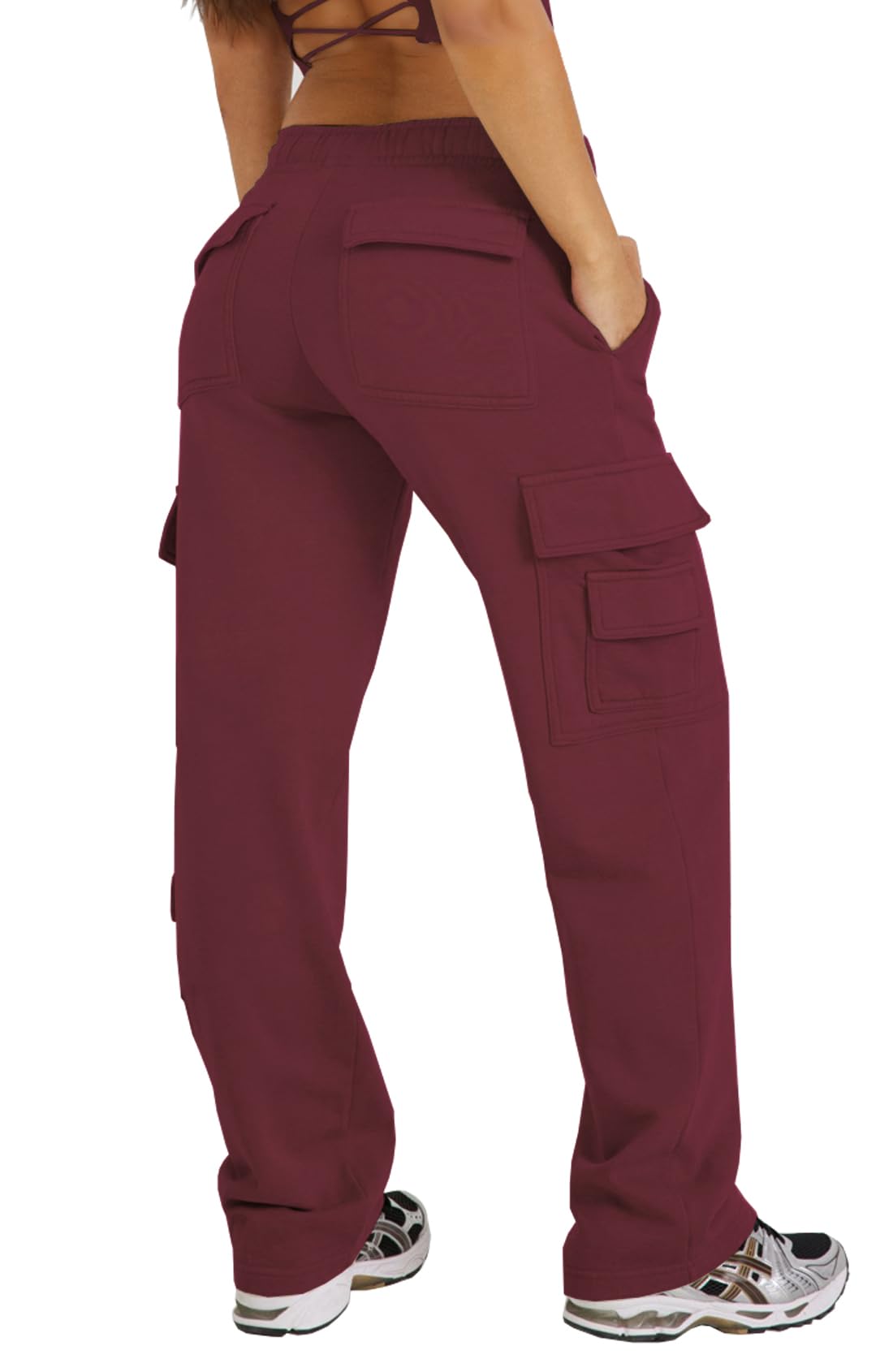 Waitfairy Women's Wide Leg High Waisted Cargo Sweatpants, Red, S, Cotton/Polyester/Spandex