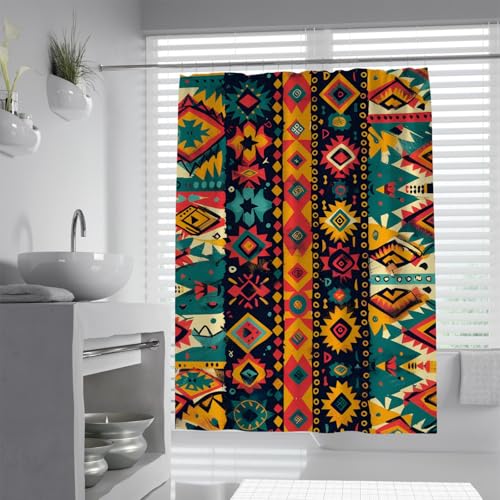 MUKULING Boho Tribal Shower Curtain Ethnic Geometric Decorative Diamonds Suns Arrows Pattern Terracotta Red Shower Curtains Set for Rustic Bathroom W72xL72in
