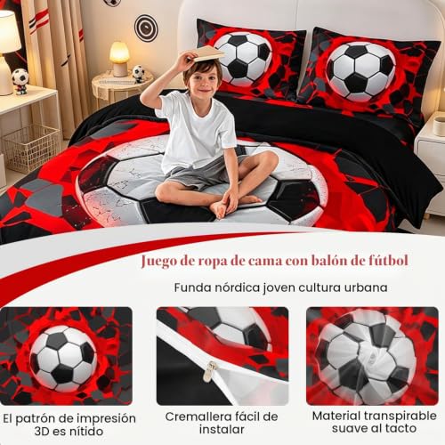 Miniatura 3 de Loussiesd Juego De Ropa De Cama Con Diseño 3d Geométrico De Pelota De Fútbol, Para Niños, Chicos Y Chicas, Edredón Deportivo Y Ropa De Cama, 2 Piezas, Para Cama Individual, Con Cremallera