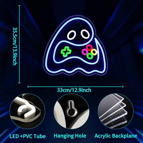 Image of Ghost Neon Sign, JGHTURIE Gamer Neon Signs for Wall Decor Gaming Light Up Blue Led Sign USB Powered Game Room, Man Cave Decor