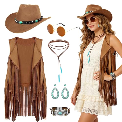 Western Cowgirl pour Femmes, Kit de Déguisement Hippie des Années 70 avec Gilet à Franges, Chapeau de Cow-boy, Lunettes Rondes, Boucles d'Oreilles, Collier et Bracelet Turquoise pour Fête à Thème