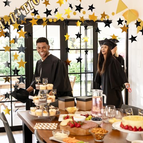 Image of Spakon 65 Feet Glitter Star Paper Garland Banner Hanging Decoration Star Streamers Double Side 2026 Graduation Decorations for Wedding Birthday Festival New Year Party Decoration(Gold Black)