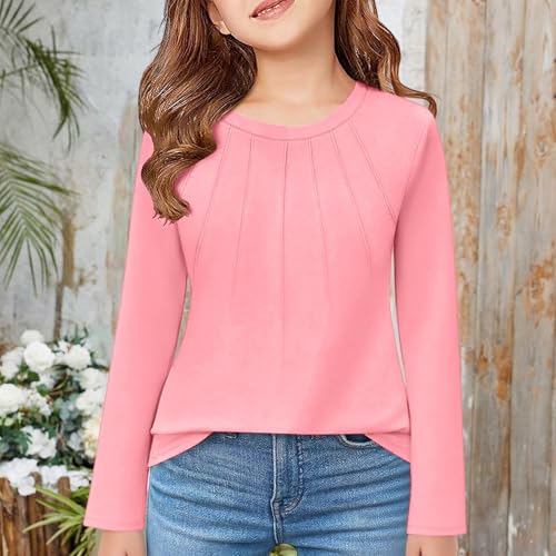 Girls Long Sleeve Pleated T Shirts Kids Crewneck Fall Winter Tops Basic Tees 7-13 Years2
