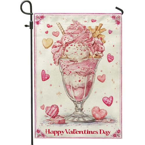 Bandera de jardín de helado, corazones fantasiosos para el día de San Valentín, arpillera de melocotón, doble cara, bandera de jardín pequeña para porche delantero al aire libre, césped, patio