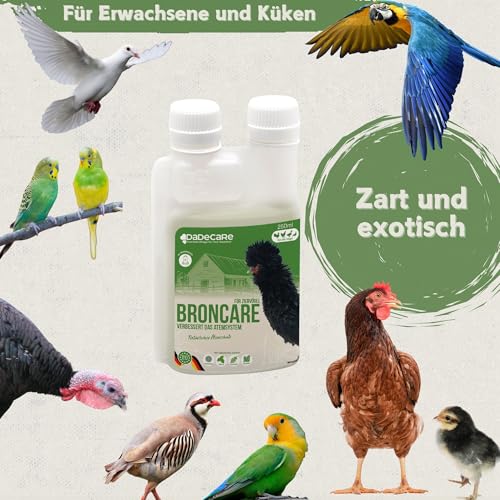 Broncare Respiratorischer Zusatz mit ADEC - 250 ml für Hühner, Geflügel und exotische Vögel - Mit ätherischen Ölen, Immunsystem- und Atemwegsstärkung - Enthält Echinacea, Minze und Rosmarin