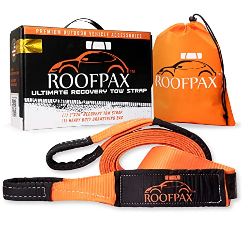 Image of Tow Strap by RoofPax | 3 inch x 20 ft. Off Road Recovery Rope | 30,180 lb Break Strength Capacity | Heavy Duty Winch Strap with Triple Reinforced End Loops | Essential Recovery Kit for Getting Unstuck