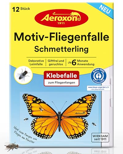Aeroxon Fliegenfalle Innenbereich 12x Fliegenfänger für Fenster Effektive Fliegenfalle mit Schmetterlingsdesign