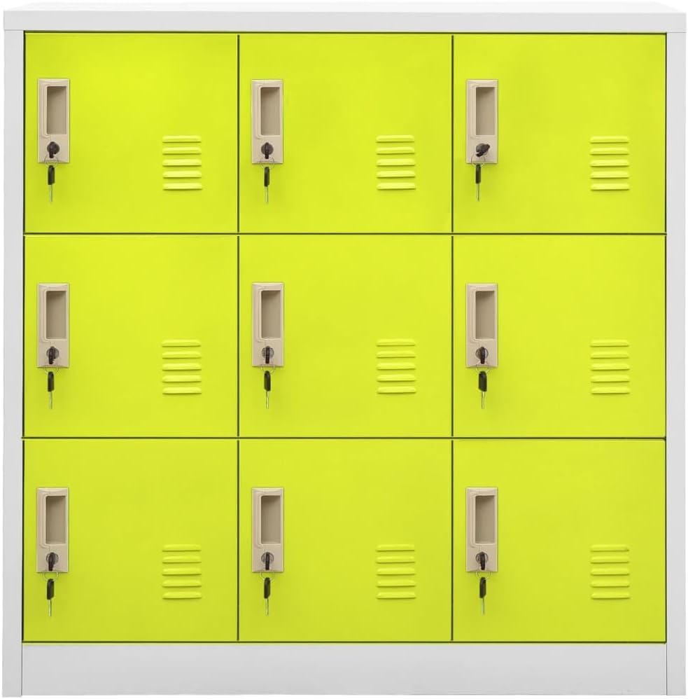 Locker Cabinet Set of 2 Light Gray and Green Steel Storage Lockers with 9 Locking Compartments Medium Size for Office and Home Storage