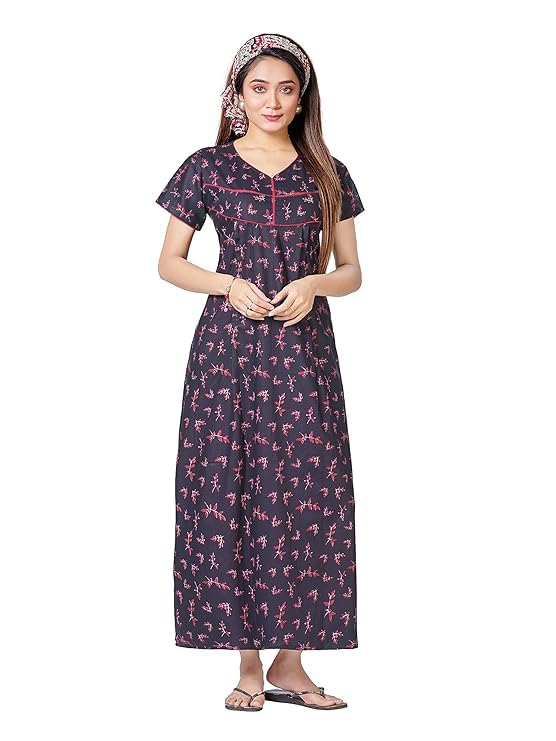kbnbj Nighty for Women Cotton Printed Maxi Gown Ankle Length Nighty Night Dress Gown for Women Maxi - Free Size-picture-7