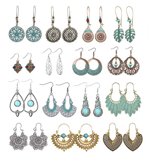 JeweBella 8-15 Pares Pendientes Colgantes Bohemios para Mujer Pendientes Vintage Etnicos Pendientes Boho Retro Pendientes Turquesa Flores Hojas Aretes de Mujeres Niñas