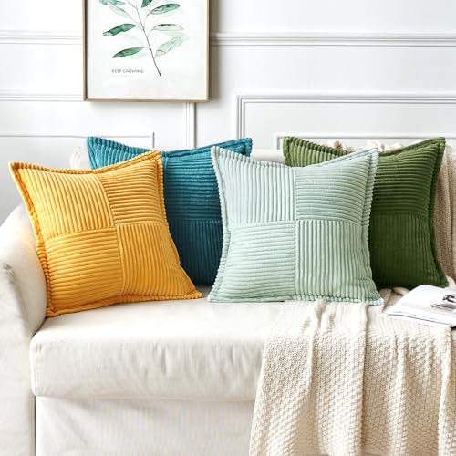 Image of MIULEE Spring Decorative Throw Pillow Covers for Couch Bed Livingroom 18x18 Inch Set of 2 Light Green Boho Accent Throw Pllows Broadside Striped Patchwork Soft Corduroy Summer Pillowcases