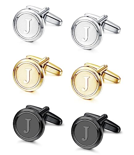 LOLIAS 3 Pairs Initial Cufflinks For Men Classic Mens CuffLinks Set Letter Cuff Links for Casual to Formal with Gift Box Silver Black 14K gold plated Cufflinks for Father Husband