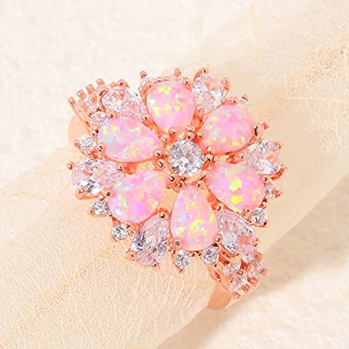 CiNily Opal Ring-14K Rose Gold Plated Pink Opal Cubic Zirconia CZ Ring Gemstone Ring for Women Size 5-122
