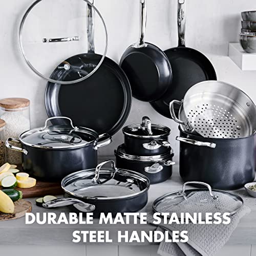 Image of GreenPan Chatham Prime Midnight Hard Anodized Healthy Ceramic Nonstick, 15 Piece Cookware Pots and Pans Set, Saute, Saucepan, Steamer, Stockpot, Lids, PFAS-Free, Dishwasher & Oven Safe, Black