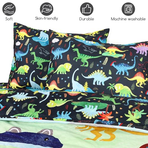 Image of Boys Twin Bedding Set, Dinosaur Twin Comforter Set for Boys Kids Bedding Set with 1 x Reversible Comforter, 1 x Fat Sheet, 1 x Fitted Sheet, 2 Pillowcases, Dinosaur