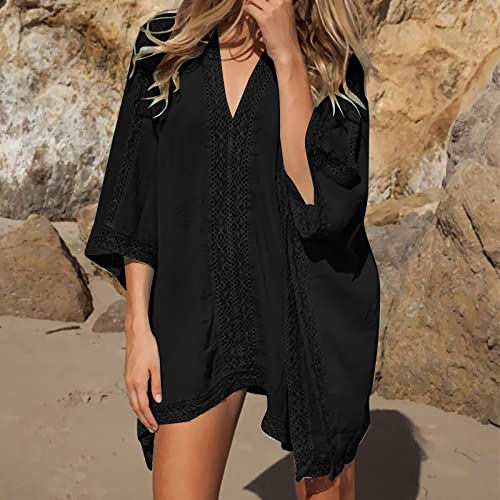 Damen Strandmode Übergroße Badebekleidung Schwimmbekleidung Bikini Cover- Up Kleid für den Sommerurlaub (Black, One Size)-2