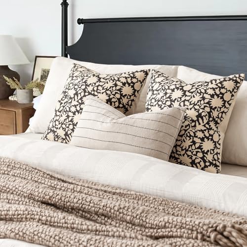 Image of Foindtower Set of 2 Decorative Neutral Floral Throw Pillow Covers Accent Farmhouse Cushion Covers Boho Vintage Pillowcase for Couch Sofa Bedroom Living Room Home Decor18x18 Inch,Black