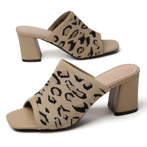 Image of Tilocow Knit Heeled Sandals for Women Square Open Toe Heeled Mules Chunky Block Low Heel Slip On Slides