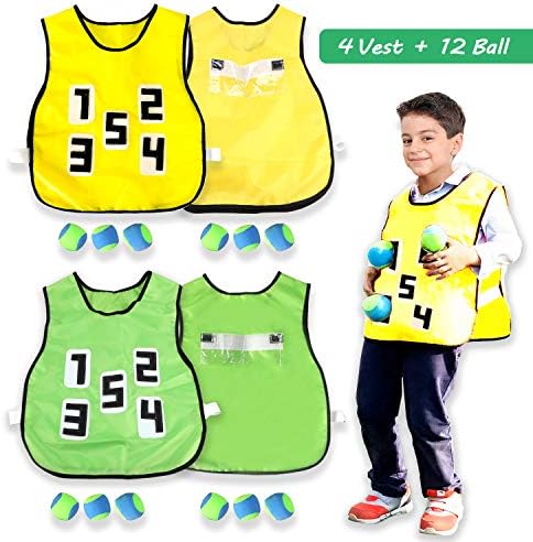 Hiverst Dodgeball Adhesive Vest Tag Game for Kids Adults, Catch Toss Soft Ball Throwing Target Game Vests, Outdoor Party Running Field Day Activities with 4 Vests + 12 Dodgeball