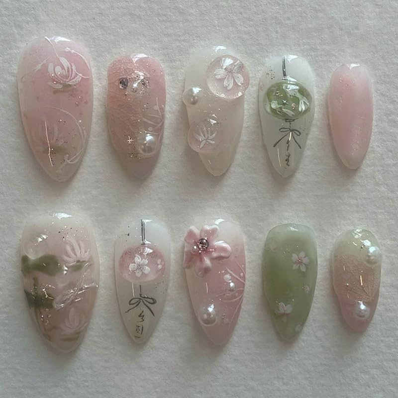 ONPRESS 24Pcs Pink Press on Nails Medium Almond Fake Nails with 3D Pearl Rhinestones Design Green Gradient Lotus Glue on Nails Spring Summer Acrylic