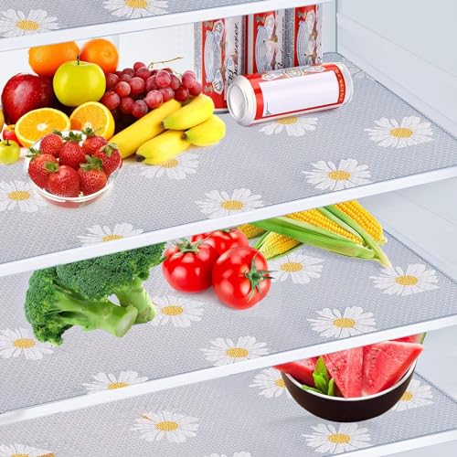 9Pcs Refrigerator Liners,Washable Refrigerator Mats Liner,EVA Daisy Refrigerator Liners,Waterproof Non-Slip Fridge Liners for Drawers Cupboard Placemats,BPA Free,17.7