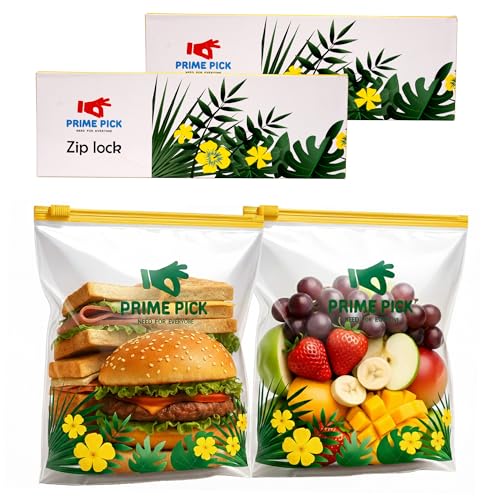 Image of Prime Pick Fresh Lock Zip Storage Bags Reusable Food Storage Zip Lock Bags 120 Micron Leak Proof Double Zipper BPA Free Food Grade Freezer Microwave Safe Yellow Medium Pack of 40