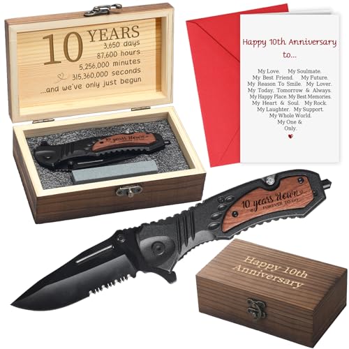 Leriton 10 Years Anniversary Keepsake Gifts for Him Men Husband Engraved Pocket Folding Knife with Wood Box Tin Anniversary Customized Wedding Birthday Gifts for Men Outdoor Camping Activity