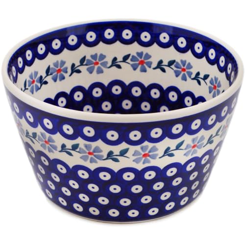 Authentic Polish Pottery Bowl 8-inch in Peacock Forget-Me-Not Design Handmade in Boles?awiec Poland + Certificate of Authenticity