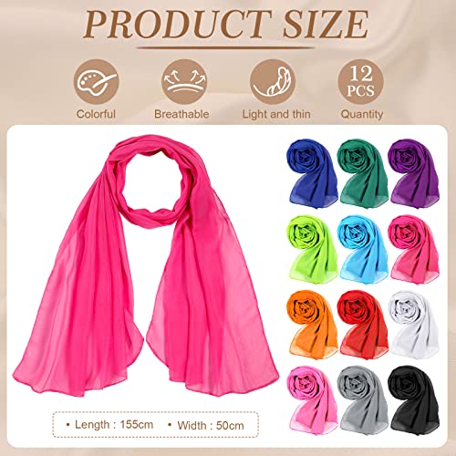 Crowye 12 Pieces Solid Color Chiffon Shawls Long Sun Proof Scarves Wraps Sheer Lightweight Breathable Chiffon Scarf for Women Bridal Wedding Formal Evening Party Accessories, 19.6 x 61 Inch2