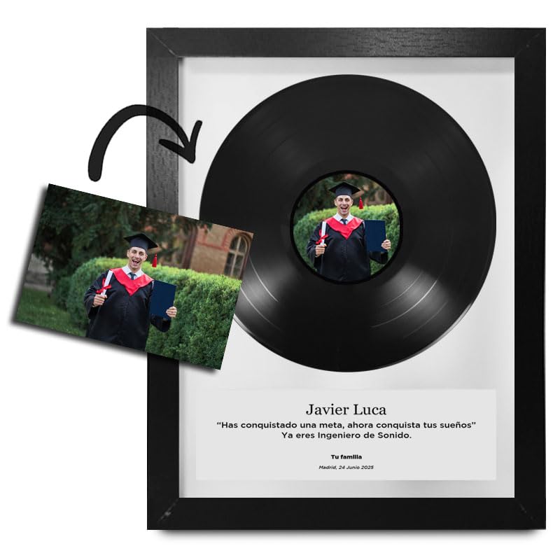 Armação decorativa, presente original personalizável. Disco de vinil personalizado com foto e mensagem em quadro de madeira e vidro. Para pendurar ou colocar (30 x 40 cm. Disco original de 10' +