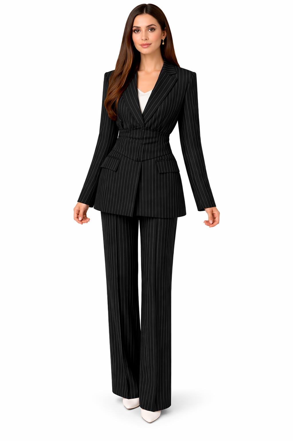 Tailleur Femme Élégant 2 Pièces Rayé – Blazer Ceinturé Structuré et Pantalon Large Fluide – Ensemble Chic