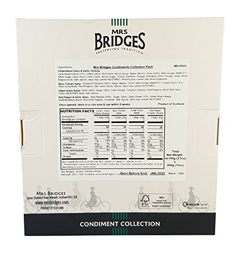 Mrs Bridges Condiment Collection, 3.5 Ounce (Sweet Onion Relish, Red Pepper & Garlic Salsa, Spicy Tomato Salsa, and Caramelized Onion & Garlic Chutney)