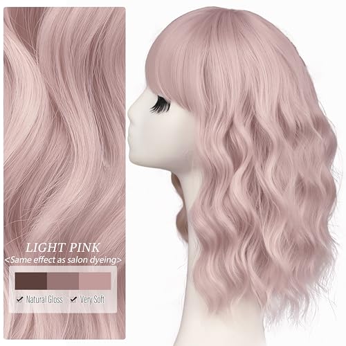 Image of Nnzes Short Wavy Bob Wig with Bangs for Women Shoulder Length Curly Light Pink Synthetic Heat-Resistant Fiber Hair for Daily & Party Use