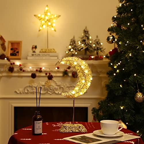 Luxspire Table Lamp, Moon Shape Warm Light Beside Table Lamp, Christmas Decorative Night light, Copper Wire String Lights Metal Desk Lamp for Nightstand Living Room Kids Room Party Wedding, Gold