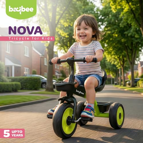 Image of Baybee Nova Baby Tricycle for Kids | Plug & Play Kids Cycle with Safety Belt & Front and Back Storage | Kid Cycle Trikes with Eva Wheels | Baby Cycles for Kid 2 to 5 Years Boys Girls (Black /Green)
