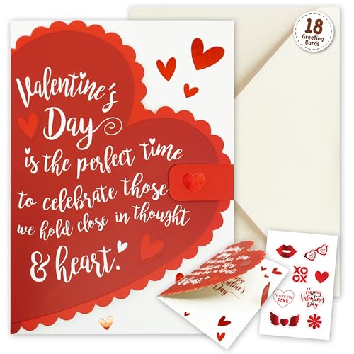 Decorably 5x7in Embossed Red Foiled 18 Pack of Valentine Cards with Envelopes and Stickers - 1 Beautiful Folded Design for Family, Friends, and Loved Ones with Printed Message Inside