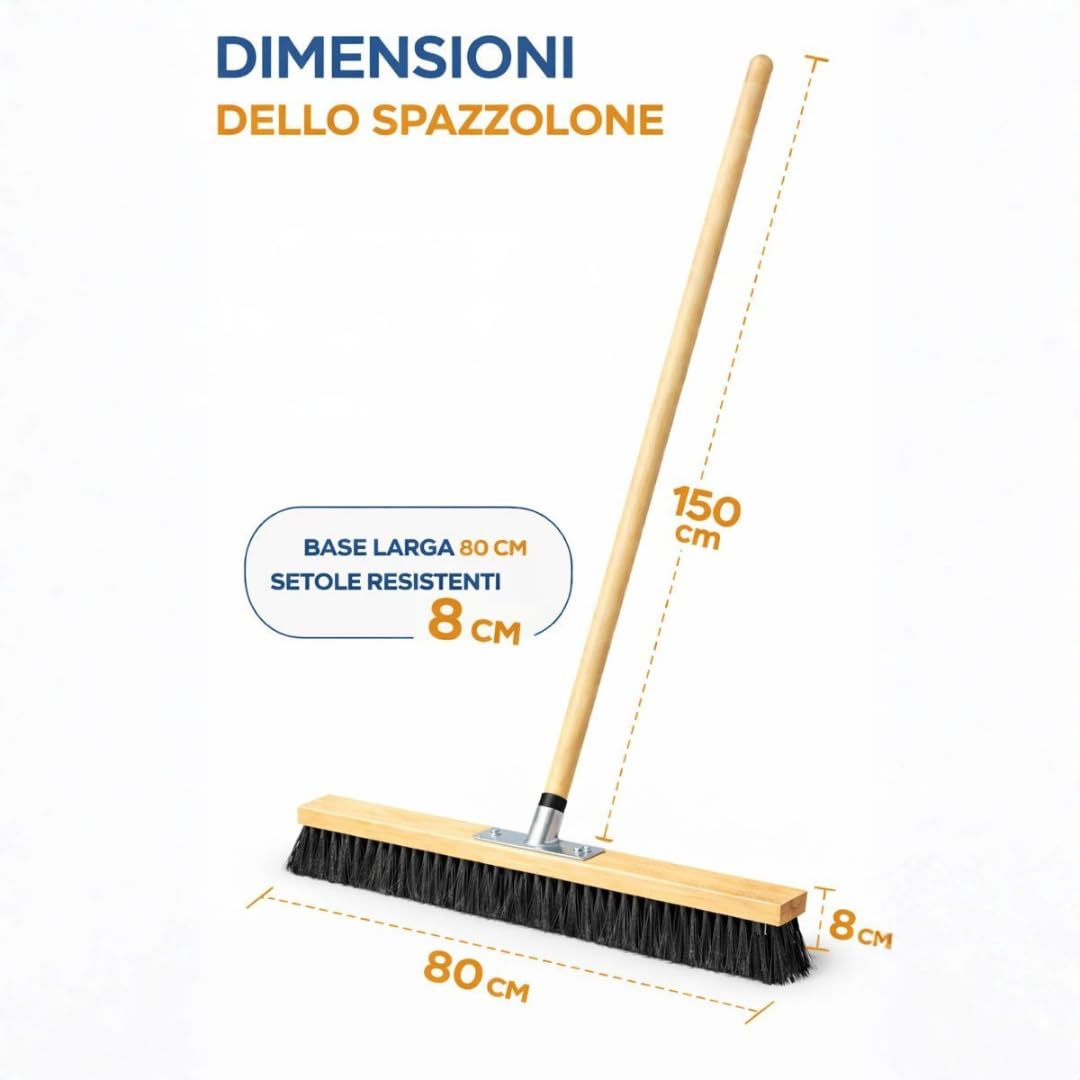 Spazzolone Industriale con Manico in Legno 150 cm – Scopa Professionale per Pavimenti, Esterni, Capannoni, Giardini e Cantieri – Setole Resistenti, Pulizia Rapida e Profonda (80 CM)