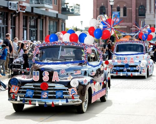 Image of 57Pcs 4th of July Parade Car Decoration Kit - Flag, Tinsel Garlands, Banners, Etc - Red White Blue Decor for Patriotic Independence Day Party Favors