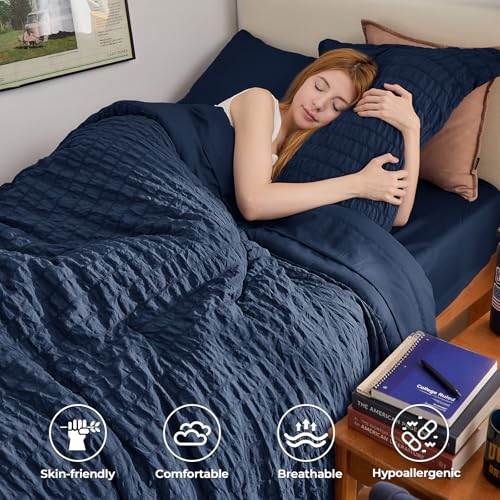 Image of HYMOKEGE Navy Blue Twin XL Comforter Set Seersucker 5 Pieces, All Season Luxury Bed in a Bag for Bedroom, Bedding Set with Comforter, Sheets, Pillowcase & Sham