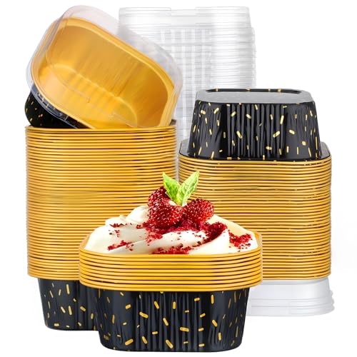 EUSOAR Baking Pans with Lids, 100pcs 10oz/300ml Aluminum Foil Ramekins Disposable Containers, Square Creme Brulee Cups Cupcake Liners Muffin Cup Mini Cake Loaf Bread Holders for Birthday Wedding