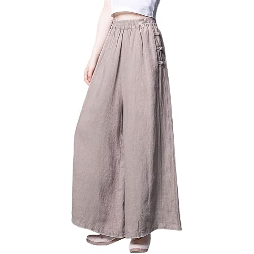 chouyatou Women's Baggy Elastic Waist Chinese Frog Button Wide Leg Linen Pants